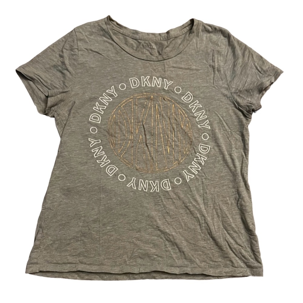 DKNY Circle Logo Design Spellout Metallic Lettering Womens T-Shirt Size Small